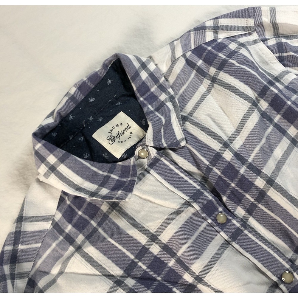 Jachs Girlfriend Womens XL Western Pearl Snap Flannel White Blue Plaid Cowboy